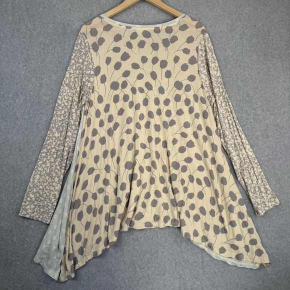LOGO Lori Goldstein Top Womens L Blue Brown Patchwork Tunic Pockets Boho Flowy - Picture 2 of 9